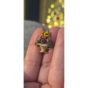 Miniature Flower Basket Brooch Red Glass Stone Vintage Scatter Pin